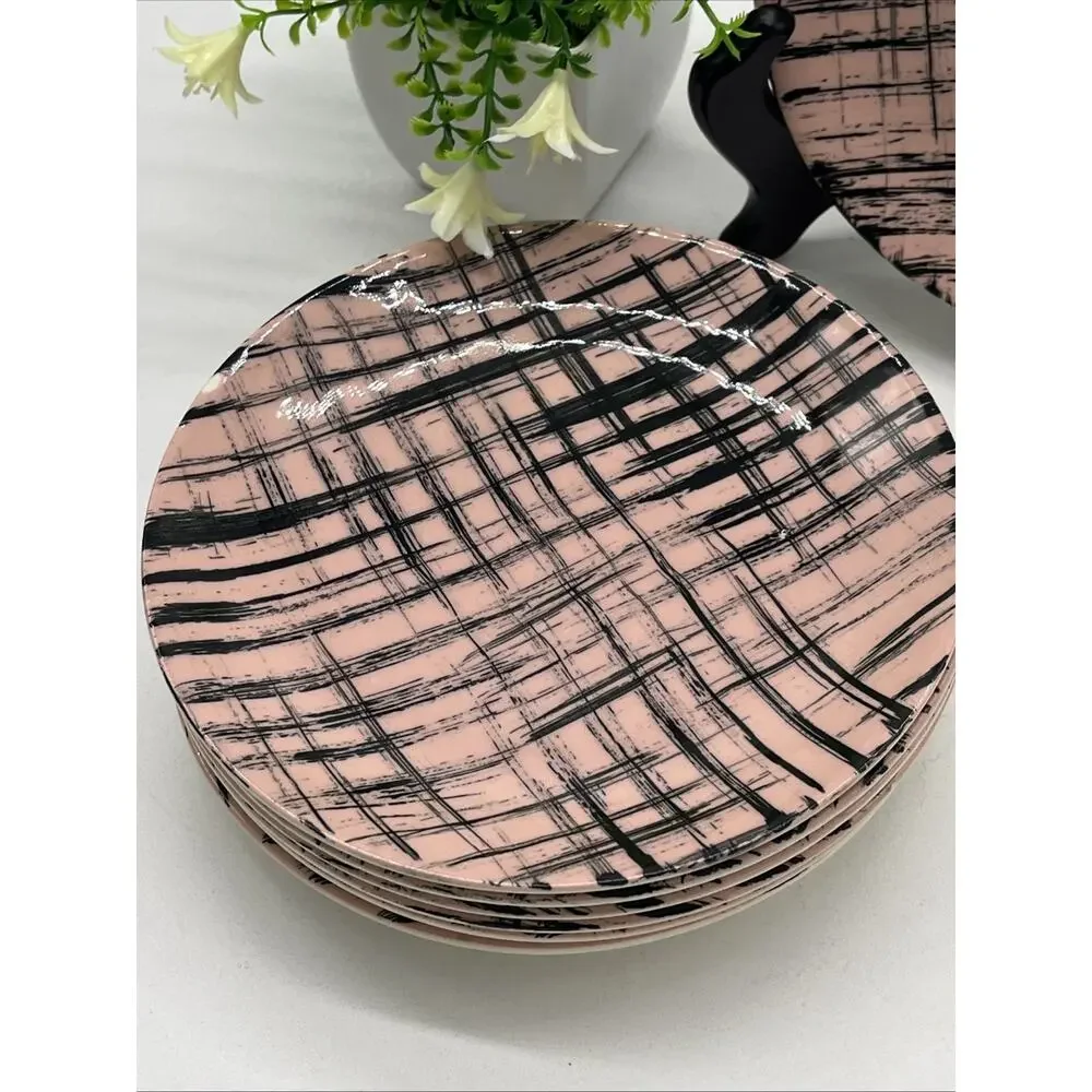 Blue Ridge Hand Painted Plates Set 7 Pink Black Crosshatch 6.5 Inch